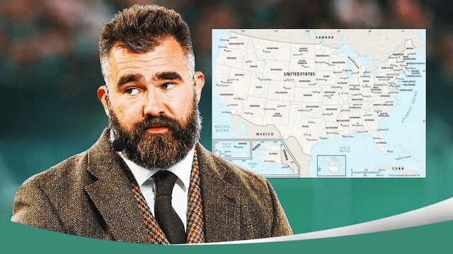 Jason Kelce, caught off guard by his own joke, with a map of the United States in the background