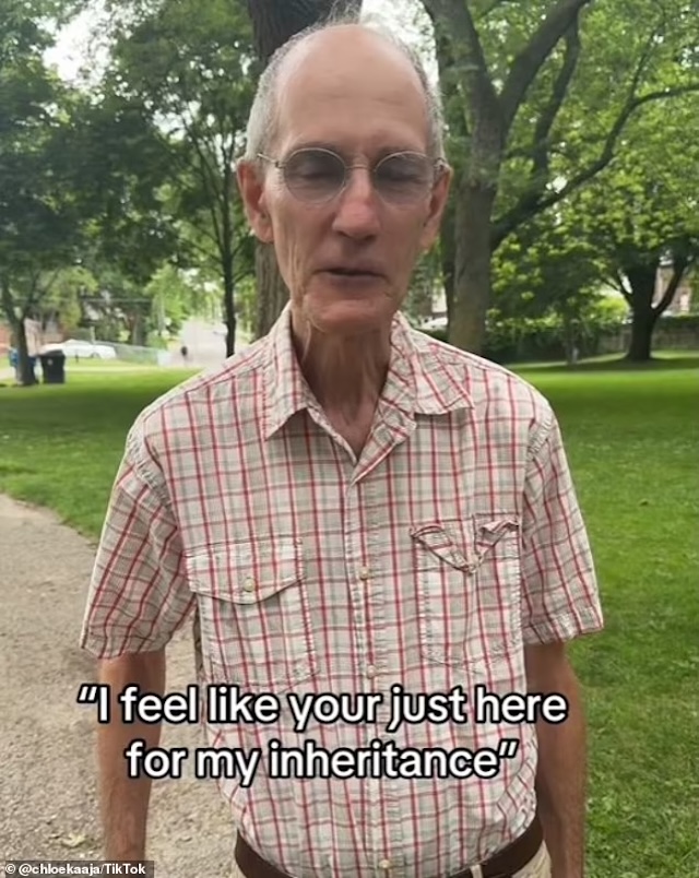 Her elderly boyfriend, who appears to be aware of their relationship dynamic, humorously expresses his thoughts on her intentions in a TikTok video