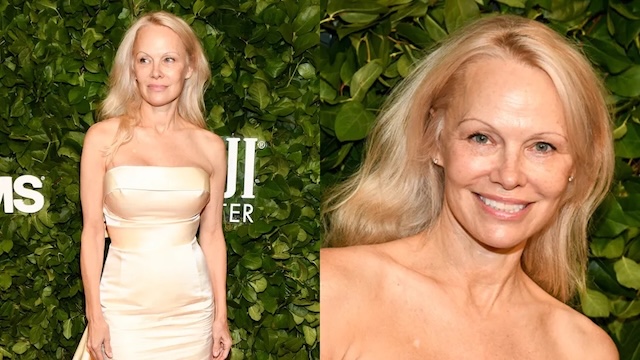 Pamela Anderson steals the spotlight at the award event, stunning in a simple yet chic strapless gown, embracing the fresh, natural look