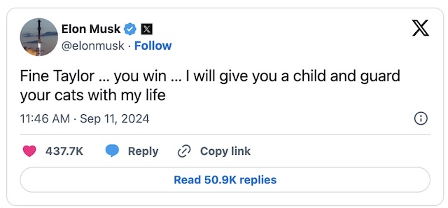 Musk’s tweet, where he jokingly offered to give Taylor Swift a child, quickly sparked online discussions and criticism for crossing a personal boundary