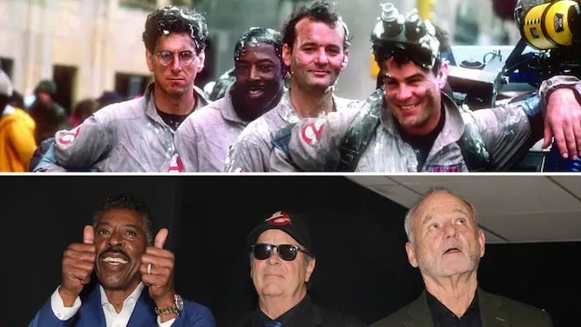 A snapshot comparing the original Ghostbusters team from 1984 with their current reunion, showcasing the timeless chemistry and legacy they've left in pop culture