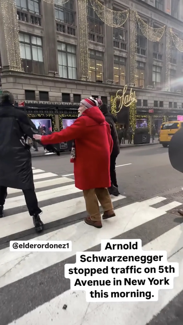 Arnold Schwarzenegger brings joy to New York streets while filming his latest holiday movie, stopping traffic with his Christmas cheer