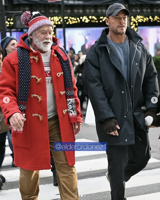 Arnold Schwarzenegger embraces his Santa role, spreading holiday cheer as he films scenes in New York alongside co-star Alan Ritchson