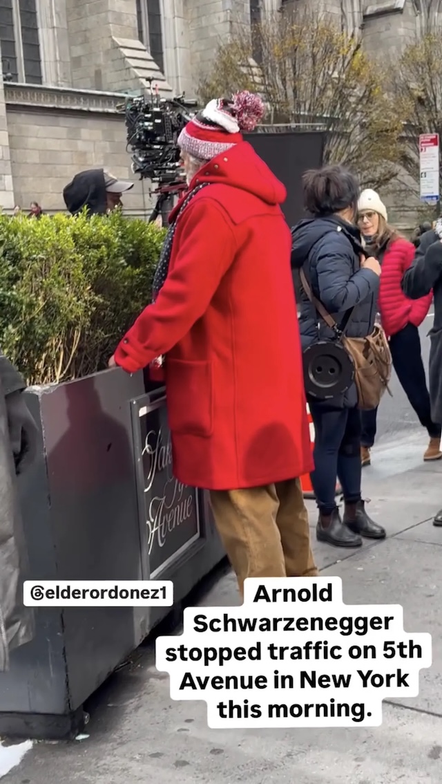 Arnold Schwarzenegger causes a traffic delay on New York's 5th Avenue as he films a holiday scene in his festive Santa outfit