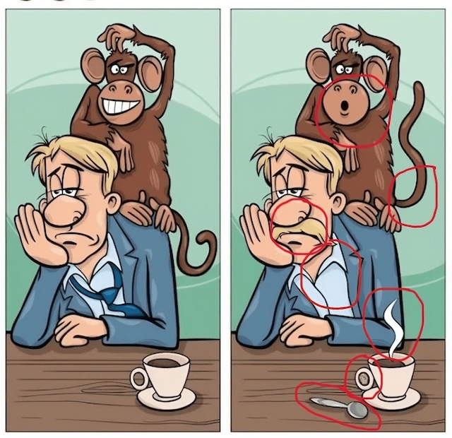 Answer revealed! These are the seven differences circled—did you find them all?