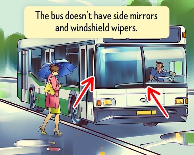 The bus lacks both side mirrors and windshield wipers! These small but crucial details make this scene impossible in real life