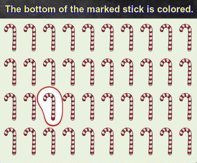 Solution revealed: The marked candy cane has a colored bottom, making it the odd one out