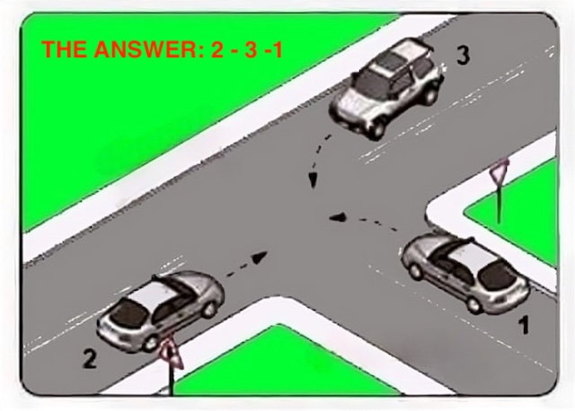 Solution revealed: The correct driving order is 2-3-1. Traffic rules always make sense when analyzed step by step!