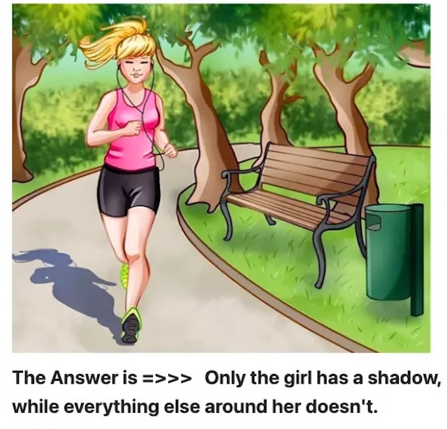 The answer is: Only the girl has a shadow, while everything else around her doesn’t. The absence of shadows on the bench, trees, and trash bin makes this a tricky puzzle to solve!