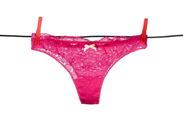 A vibrant pink lace underwear with a cream bow, clipped to a black string, showcasing the classic decorative element