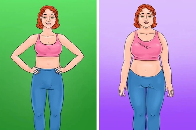 Illustrating drastic weight changes through contrasting images of a slim and heavier figure, emphasizing unexpected weight shifts due to gluten intolerance