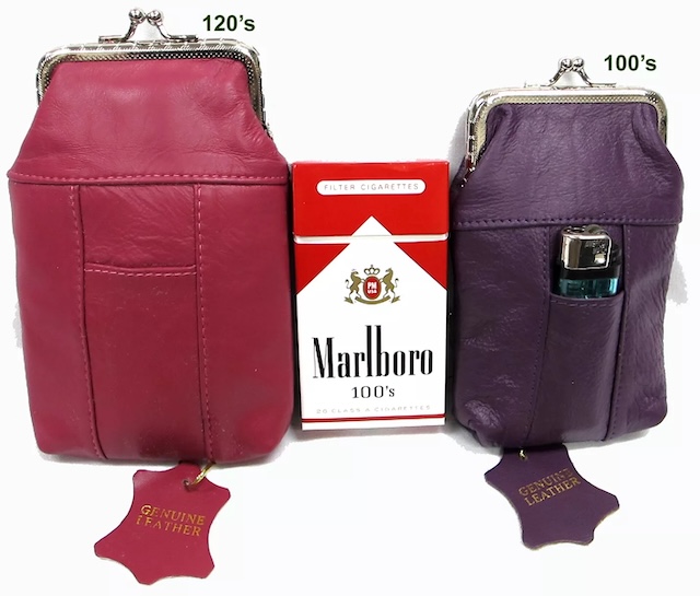 Two sizes, two styles: The red leather cigarette case for 120’s and the purple one for 100’s. A symbol of convenience and style