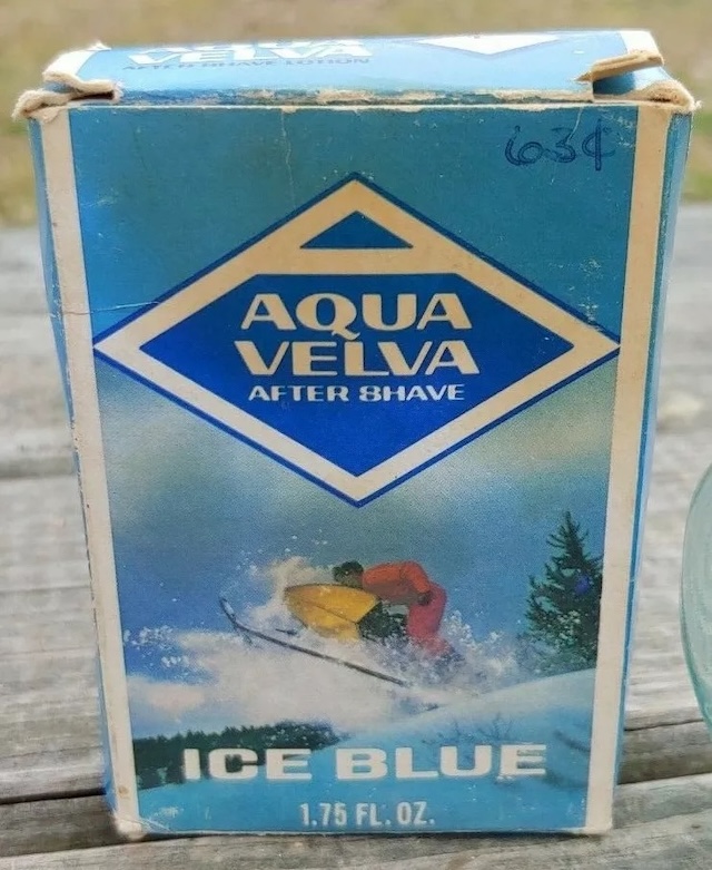 The worn yet charming box of Aqua Velva Ice Blue After Shave, priced at just 63 cents, reflects a simpler time in men’s grooming history