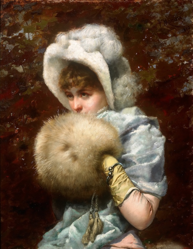 A timeless painting capturing the charm of a winter accessory – the fur hand muff, a fashion statement for the chilly seasons of yesteryears