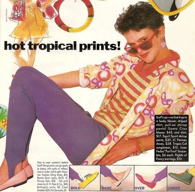  Vintage ad featuring stirrup pants styled with tropical prints