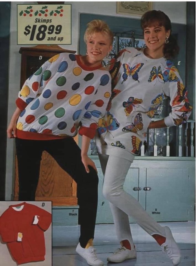 The 1980s-style colorful sweatshirts with stirrup leggings