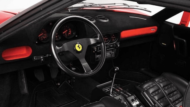 The front interior of the Ferrari 288 GTO: incredibly unique and luxurious