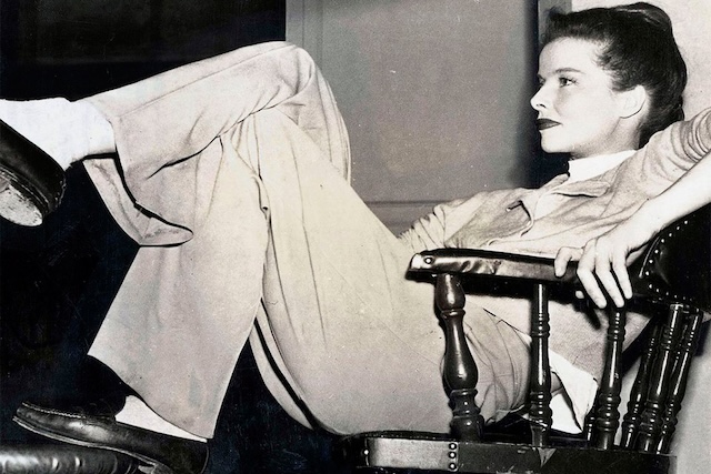 Katharine Hepburn redefining casual chic in her iconic loafers