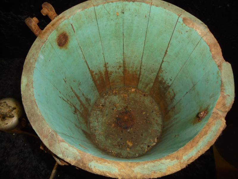 A top-down view of the empty wooden bucket of the Vintage Mary Proctor Ice Cream Maker, revealing the simplicity and durability of its construction that has stood the test of time