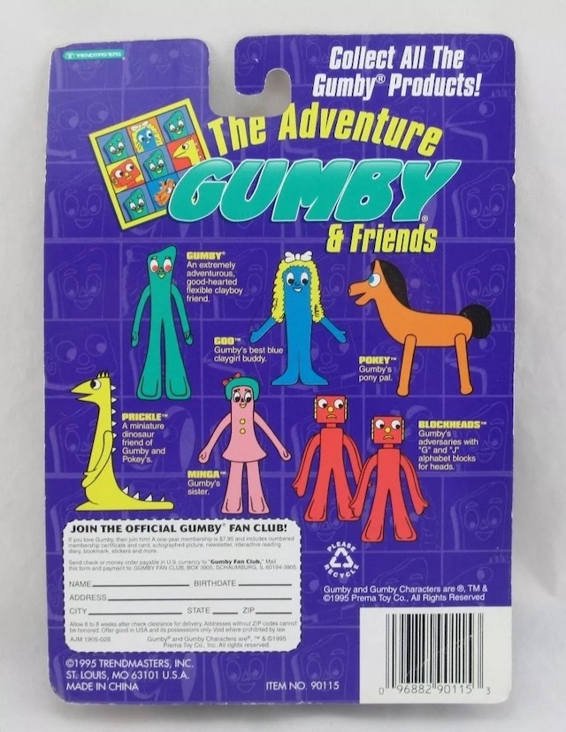 Step back in time! The back of the Gumby and Friends packaging introduces each character, from adventurous Gumby to the mischievous Blockheads