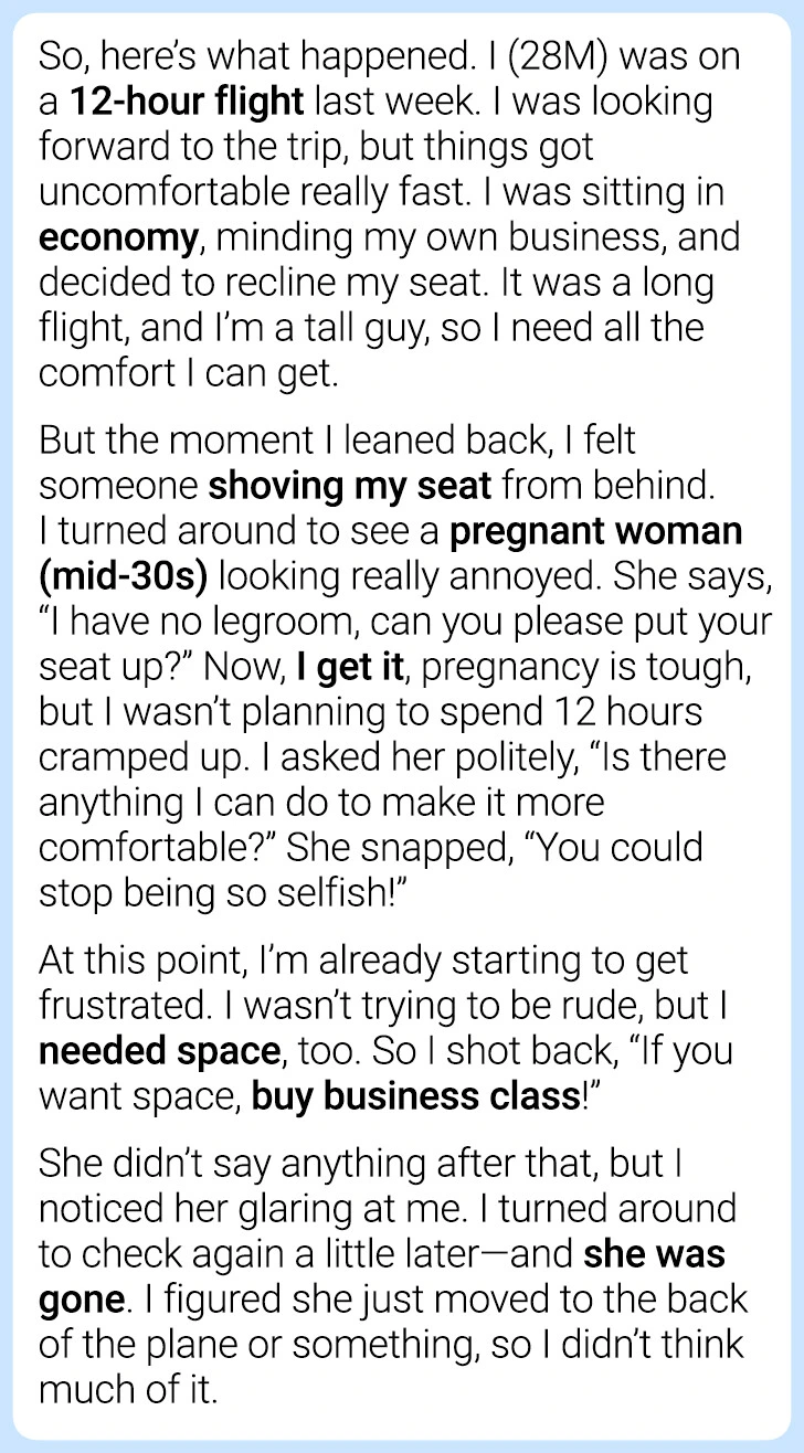 Adam’s detailed letter explains his frustrations and the difficult encounter with the pregnant passenger during the 12-hour flight.