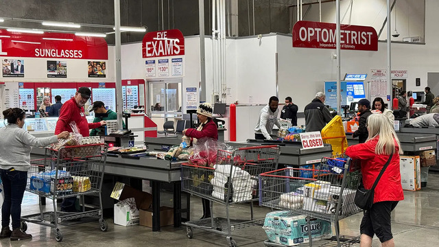 Shoppers line up at a Costco store in Novato, California, on December 11, 2024, as the holiday season kicks into full swing.