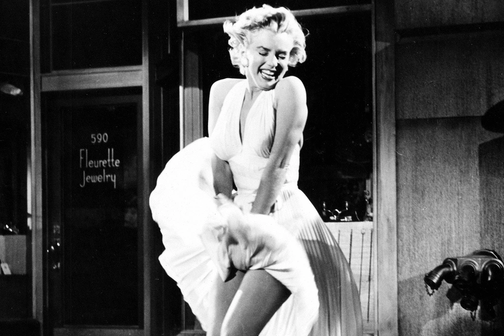 The moment when Marilyn Monroe's character's dress is blown by the wind in the movie *The Seven Year Itch* has become an iconic image in Hollywood cinema.