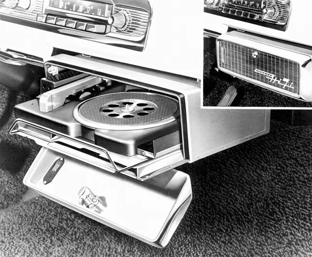 The Highway Hi-Fi, designed by Dr. Peter Goldmark, used 7-inch 'ultra microgroove' records that held 45 minutes of music, the size of a 45 rpm single