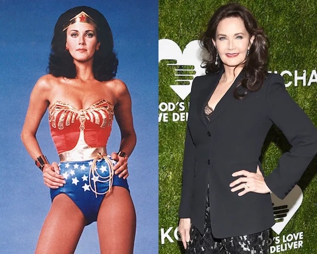 Before Gal Gadot, Lynda Carter portrayed Wonder Woman, seen left in her iconic costume and right in an elegant black suit