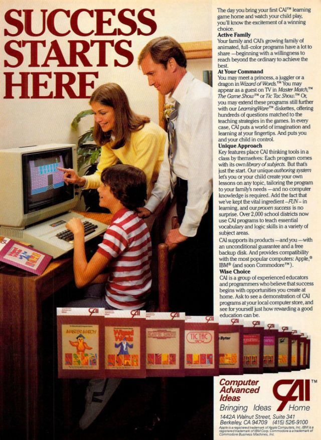 A family gathered around their home computer in a 1980s advertisement, emphasizing the educational and family-oriented use of computers.