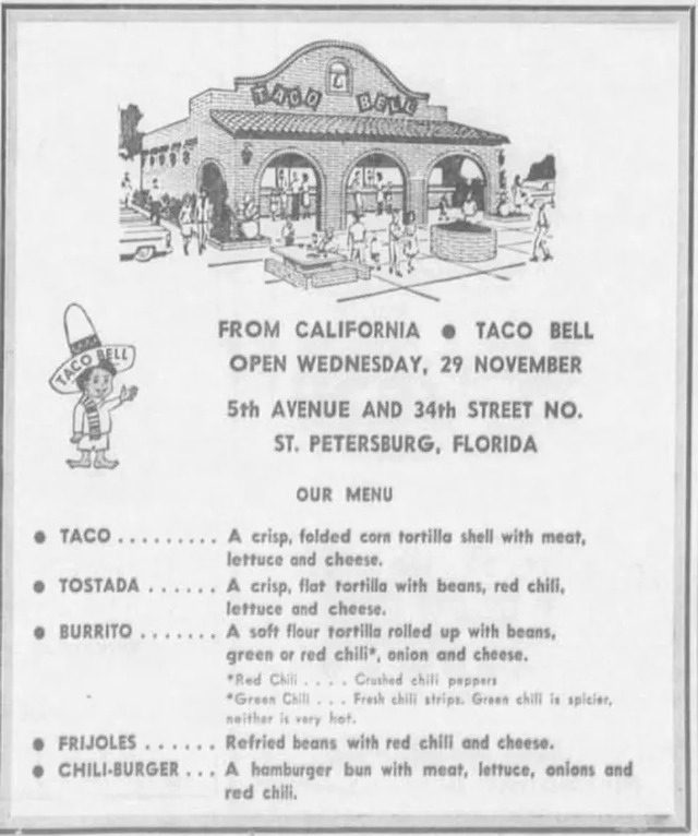 A glimpse of the 1967 advertisement for Florida's first Taco Bell, marking an important expansion in the brand's history.