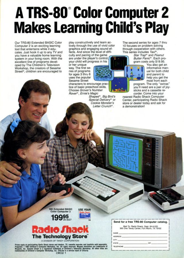 A promotional ad featuring a TRS-80 home computer