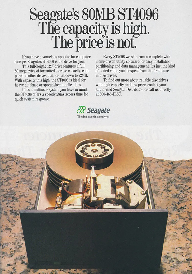 A striking 1980s ad for Seagate’s 80MB ST4096 hard disk, heralding a new era of affordable, high-capacity storage that changed the game for computer systems.