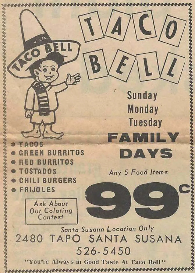 A vibrant 1970s ad, showcasing Taco Bell’s evolving marketing techniques as the brand became a household name.