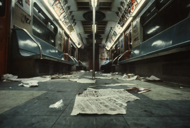 Discarded newspapers and trash litter the floor of a subway car, offering a stark reflection of the gritty, urban environment of New York in 1981.