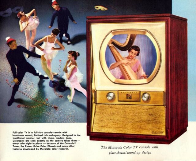 Motorola Color TV with finest picture, finest sound, 1956: Set a new standard for color TV, making every show a masterpiece.