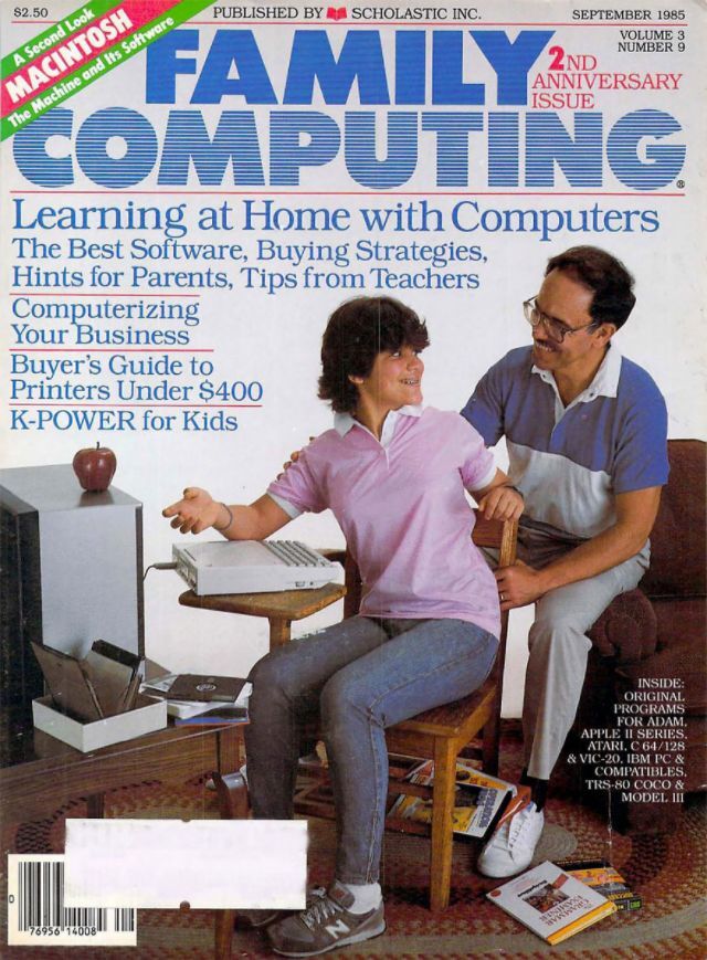 The cover of Family Computing magazine from September 1985, illustrating the growing trend of home computer use for learning, family activities, and business, featuring a family setting.