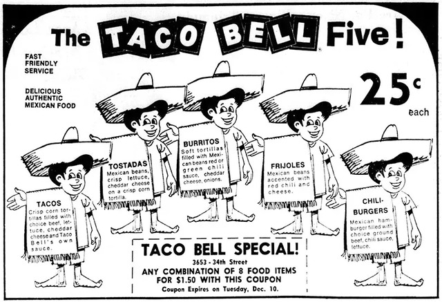 The iconic Taco Bell Five, featuring the original five menu items that helped establish the fast-food brand’s classic offerings in the late 1960s.