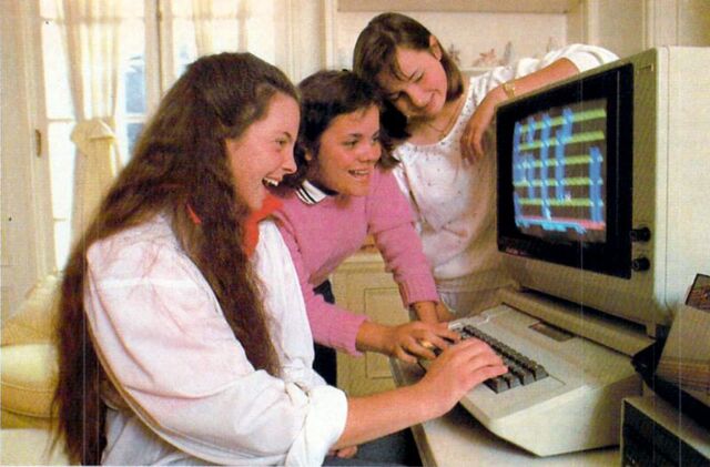 Three friends having fun with a vintage computer in the 1980s, showcasing the excitement and novelty of early personal computer games.