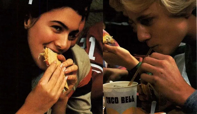 Two young customers enjoying tacos in the 1970s at Taco Bell, with smiles that perfectly capture the fun, satisfying experience of dining at the iconic fast-food chain.