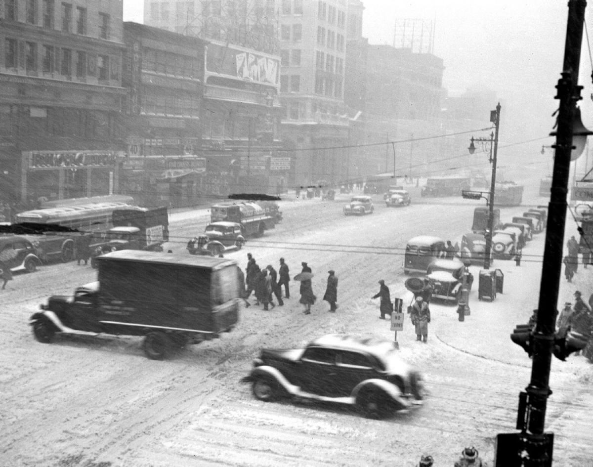 A blizzard transforms Broad Street into a swirling whiteout on a frigid winter day in 1940.