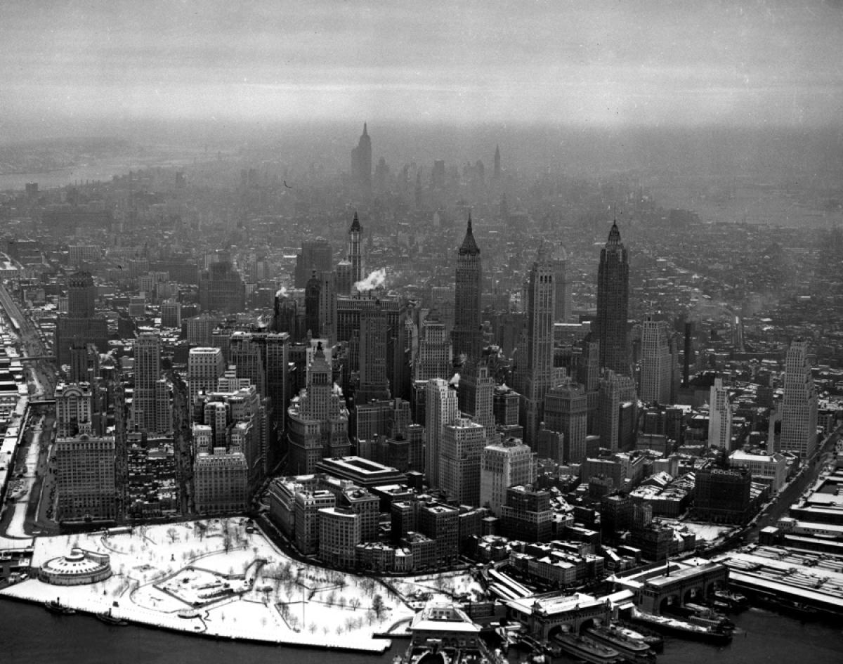 A breathtaking aerial view of Manhattan, blanketed in a pristine layer of snow, winter 1941.