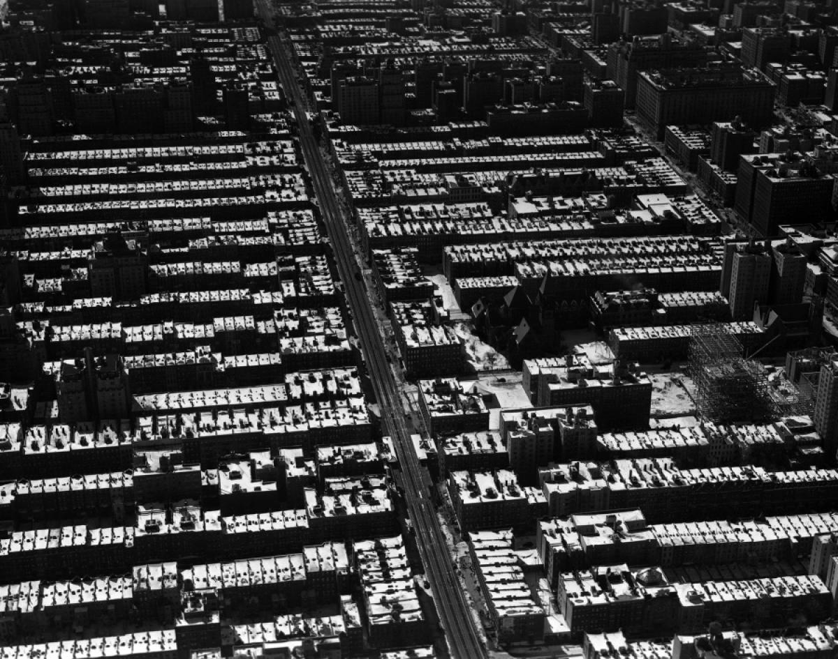 A fresh snowfall leaves New York’s rooftops draped in white, transforming the city skyline, 1940.