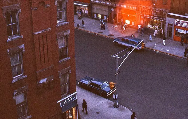 A raw glimpse of Second Avenue at East Seventh Street, looking southwest in the late 1970s. Captured by Laura Knight.