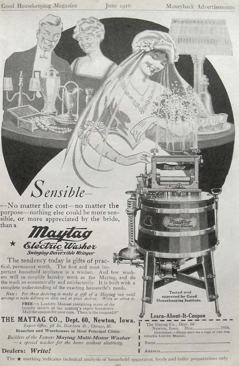 A vintage Maytag advertisement from 1916, showcasing the latest washing machine innovations.