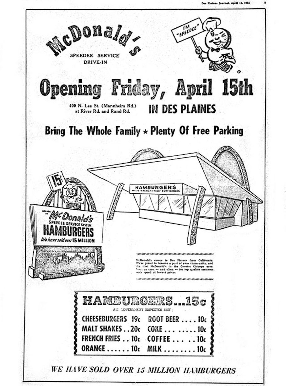 A vintage poster announcing the grand opening of the first McDonald's location.