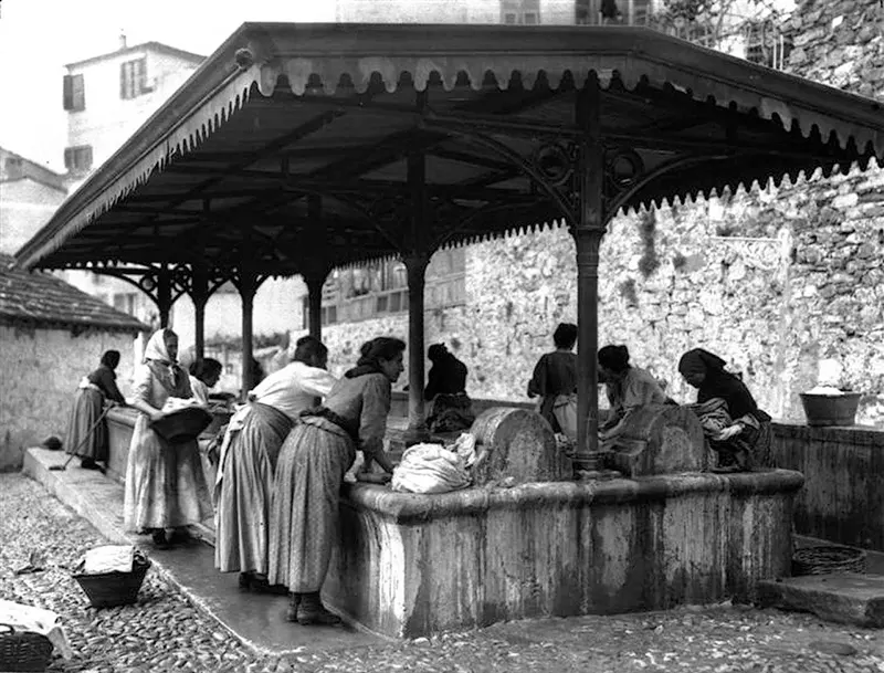 A washhouse in Sanremo, Italy, captured around the turn of the 20th century.