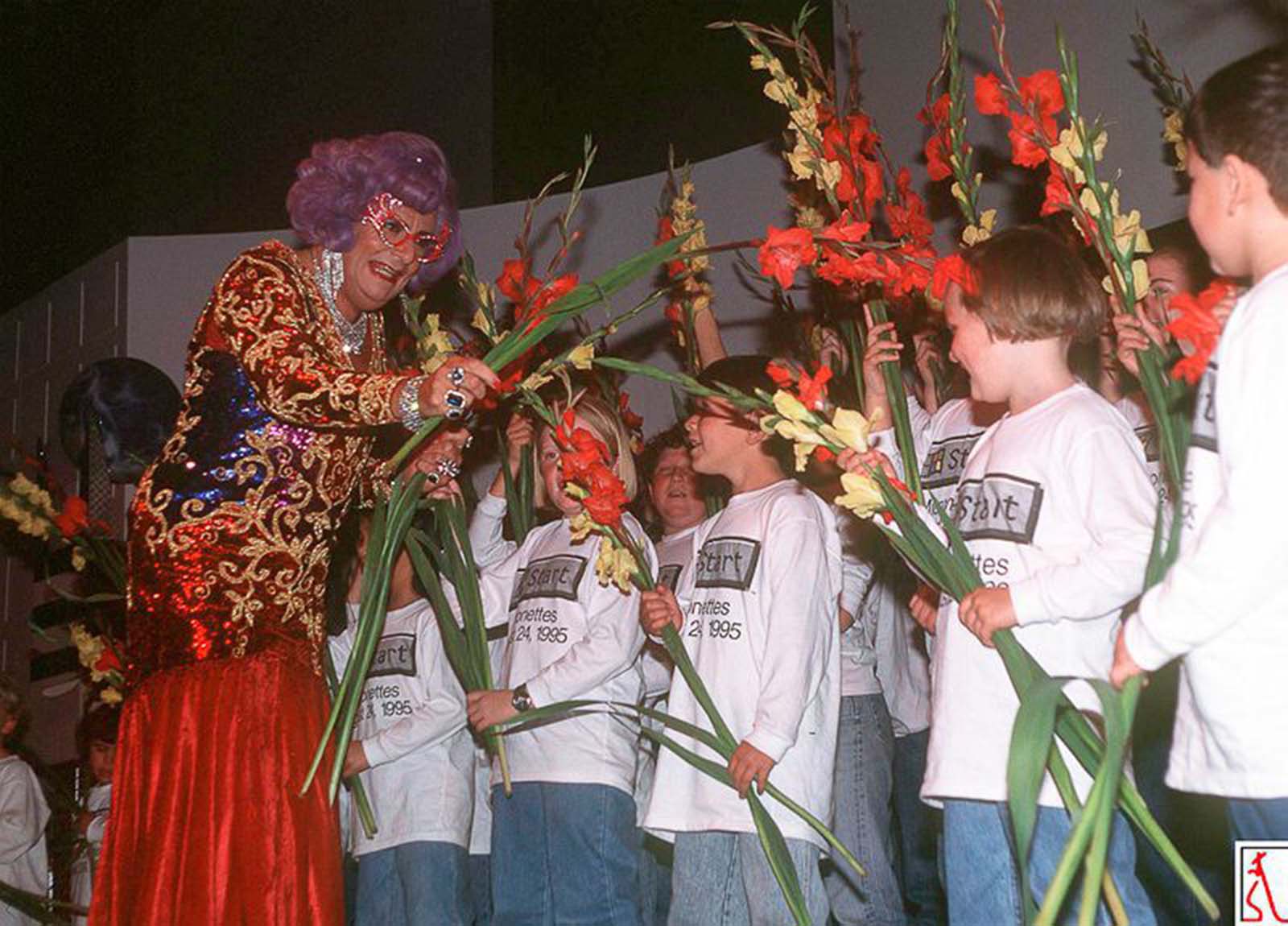 Dame Edna Everage joins the excitement at a Windows 95 launch event in Sydney, Australia.