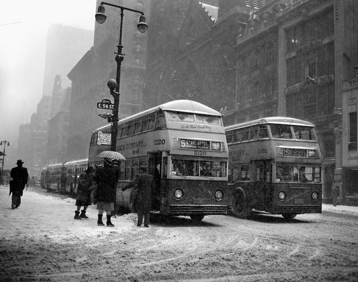 Fifth Avenue vanishes beneath a relentless snowfall, 1948.