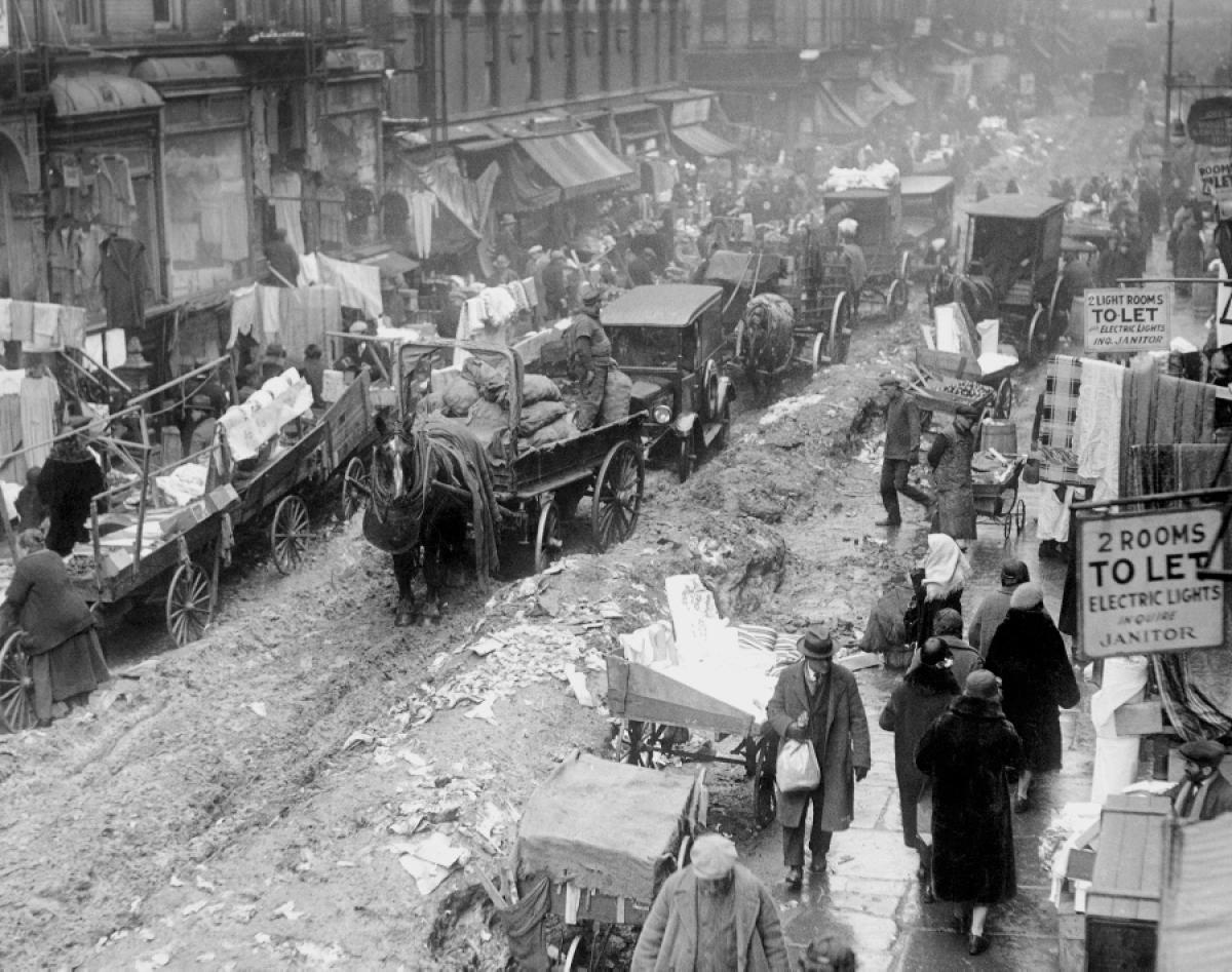 Orchard Street in Manhattan’s Lower East Side descends into chaos after a heavy snowstorm leaves the city buried in white, 1926.